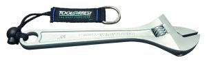A Tool Arrest Global Toggle Choke Tether, featuring a silver adjustable spanner with a black safety lanyard attached to the handle, a blue and green TOOL@RREST tag, and a metal ring. | Work & Wear DIrect