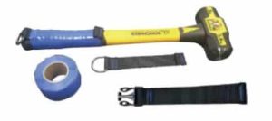 A yellow and black sledgehammer, a roll of Tool Arrest Self-Adhesive Silicone Tape in blue, and two black straps with metal rings or clips are arranged on a white background. | Work & Wear DIrect