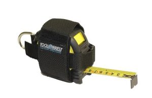 A Tool Arrest Global Tape Measure Tether with a black TOOL@RREST strap, metal key ring, and a partially extended yellow measuring tape. | Work & Wear DIrect