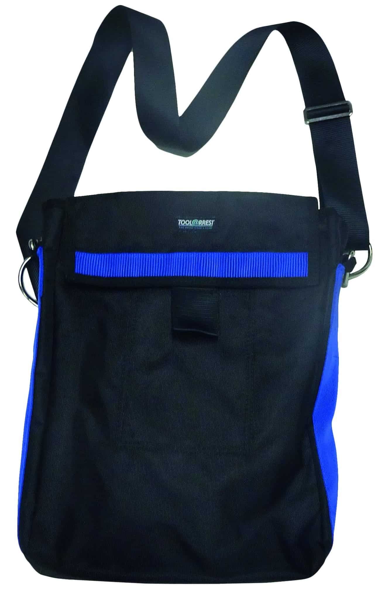 The Tool Arrest Global MEWP Bag is a black shoulder bag featuring blue side panels, an adjustable strap, front zip pocket, and a flap with a loop. Its simple and functional design makes it ideal for carrying daily essentials. | Work & Wear DIrect