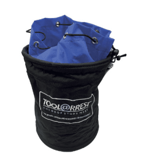 A black Tool Arrest Global Bucket Bag featuring the Tool@rrest logo on the front, complete with a blue drawstring liner and secured with black cords. | Work & Wear DIrect