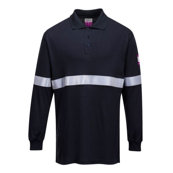 Flame Resistant Anti-Static Long Sleeve Navy Polo Shirt with Reflective Tape - FR03