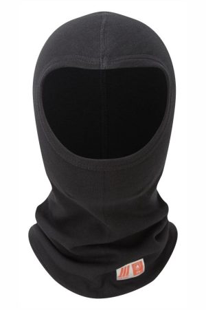 A PULSAR Flame Retardant Balaclava - XFRC14 in black, featuring an open face design and made of fabric, is displayed on a white background. A small orange tag with white symbols is visible near the bottom edge. | Work & Wear DIrect