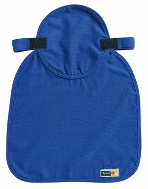 A blue Evaporative Cooling Hard Hat Pad with a flame-resistant design, featuring a rounded top, two black Velcro straps for secure fastening, and a small logo tag at the bottom right corner. | Work & Wear DIrect
