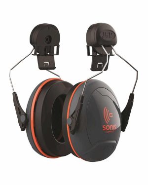 JSP Sonis Compact Low Profile Mounted Ear Defenders - SNR 31 are black and orange over-ear hearing protection ear muffs featuring metal supports and helmet attachments. | Work & Wear DIrect