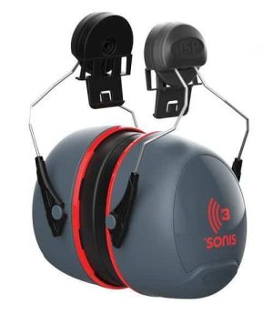 JSP Sonis 3 Helmet Mounted Ear Defenders - SNR 36 feature grey and black over-ear cups with red trim, a metal headband, and attachment clips. The Sonis brand name and a soundwave icon are displayed on the ear cups. | Work & Wear DIrect