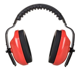 Classic Plus Ear Muff - PW48, shown from the front against a white background, features red and black over-ear noise-cancelling cups and a padded black headband. | Work & Wear DIrect