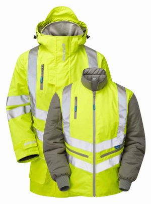 Two high-visibility yellow Pulsar Hi Vis 7 In 1 Storm Coats (P487) with silver reflective stripes and grey accents are displayed against a plain white background. One features a hood and full sleeves, while the other is shown as a sleeveless vest. | Work & Wear DIrect