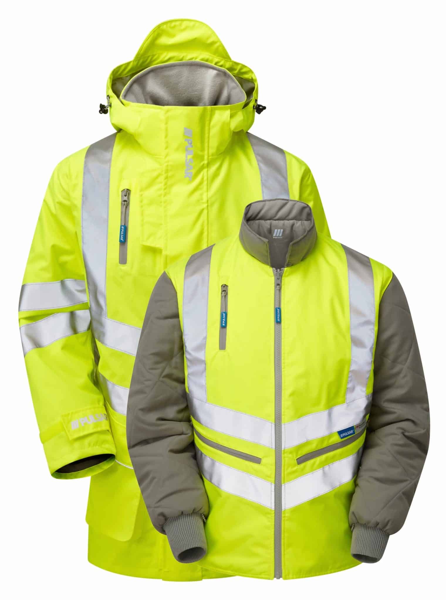 Two high-visibility yellow Pulsar Hi Vis 7 In 1 Storm Coats (P487) with silver reflective stripes and grey accents are displayed against a plain white background. One features a hood and full sleeves, while the other is shown as a sleeveless vest. | Work & Wear DIrect