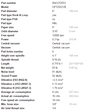 Specifications sheet for the Chicago Pneumatic CP7255CVE Air Random Orbital Sander 6″, listing details such as part number, pad type, paper size, orbit, speed, power, sound levels, vibration ratings, air consumption, weight, and vacuum system. | Work & Wear DIrect