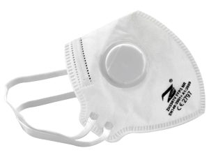A Fold Flat Valved FFP3 Dust Mask featuring two elastic ear loops, a round exhalation valve, and black printed certification text and symbols on the side; white in colour and available in a box of 20. | Work & Wear DIrect