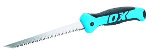 The Ox Pro Jab Saw 165mm – 8 TPI With Holster features a serrated metal blade and a blue and black ergonomic handle marked with the letters OX in white. | Work & Wear DIrect