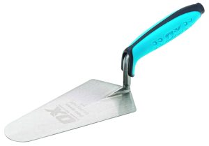 The Ox Pro 7 Gauging Trowel features a turquoise and black handle and a flat, pointed stainless steel blade, designed for spreading mortar. | Work & Wear DIrect