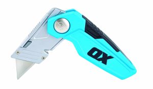 A light blue and black Ox Pro Fixed Blade Folding Knife with a partially extended silver blade, featuring the OX brand logo on the handle, displayed against a white background. | Work & Wear DIrect