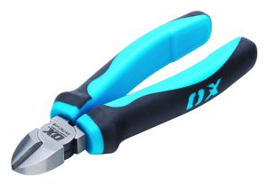 A pair of Ox Pro 6 Diagonal Cutting Pliers with blue and black handles, designed for cutting wire or small metal pieces, is shown on a white background. | Work & Wear DIrect