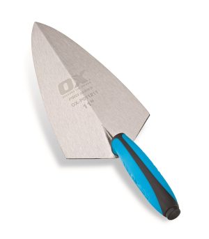 The Ox Pro 11 Brick Trowel Philadelphia Pattern, featuring a stainless steel blade and a blue and black ergonomic handle, is shown from above on a white background. | Work & Wear DIrect