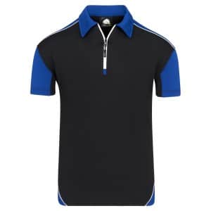 Orn Fireback Contrast Poloshirt featuring a front zip, black body, blue sleeves and collar, and white piping detail on the shoulders. | Work & Wear DIrect