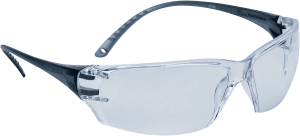 Delta Plus Milo Clear Safety Specs feature transparent lenses and black, curved, flexible arms designed for eye protection. These glasses have a wraparound style for added coverage. | Work & Wear DIrect