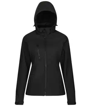 Regatta TRA702 Ladies' Venturer Three-Layer Hooded Softshell Jacket in black, featuring a front zip fastening, a zipped chest pocket, and two side pockets. The jacket is shown facing forward on a plain white background with the hood up. | Work & Wear DIrect