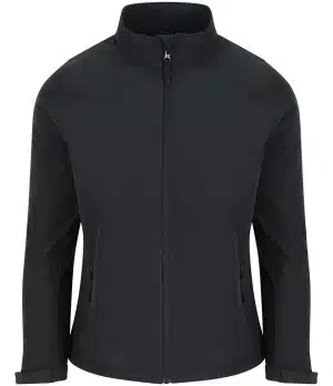 The PRO RTX Ladies Two Layer Soft Shell Jacket RX500F is a black, long-sleeve zip-up jacket featuring a stand-up collar and two zipped side pockets, displayed on a plain white background. | Work & Wear DIrect