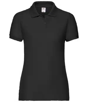 The Fruit of the Loom 65/35 Ladies’ Polo is a plain black, short-sleeved women’s polo shirt featuring a collar and two buttons, shown on a white background. | Work & Wear DIrect