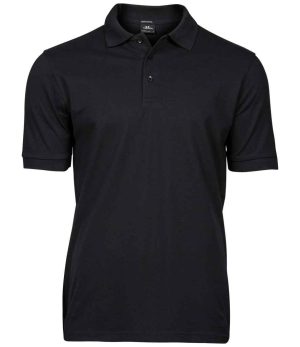 The Tee Jays Luxury Stretch Piqué Polo Shirt is a plain black short-sleeve polo featuring a collar and three buttons, displayed on a white background. | Work & Wear DIrect