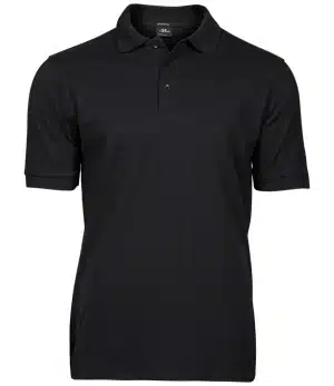 The Tee Jays Luxury Stretch Piqué Polo Shirt is a plain black, short-sleeve polo featuring a collar and three buttons, displayed on a white background. | Work & Wear DIrect
