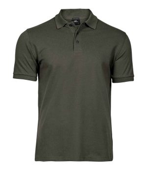 The Tee Jays Men's Luxury Stretch Polo TJ1405 is a plain, short-sleeved, dark green polo shirt featuring a classic collar and three buttons down the front, displayed against a white background. | Work & Wear DIrect