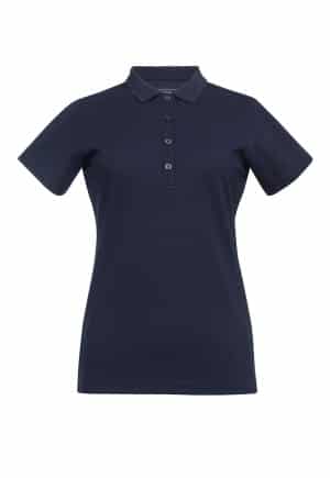 The Brook Taverner Ladies' Laurel Performance Polo is a navy blue, short-sleeve women's polo shirt featuring a collar and four buttons on the front, shown against a plain white background. | Work & Wear DIrect