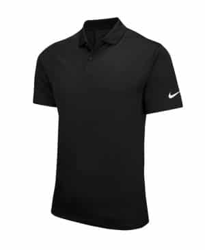 A black Nike Victory Solid Polo Short with short sleeves, featuring a collared neckline and buttons, and a white Nike logo on the left sleeve. | Work & Wear DIrect