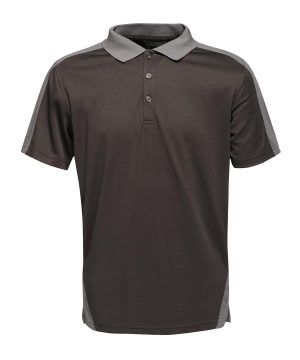 A Regatta TRS174 Contrast Quick Wicking Piqué Polo Shirt featuring short sleeves, a button-up design in dark grey with light grey collar and side panels, displayed on a white background. | Work & Wear DIrect