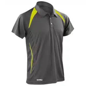 A short-sleeved Spiro Team Spirit Polo Shirt in grey, featuring yellow accent panels on the shoulders and sides, a collar with buttons, and “SPIRO” printed near the bottom hem. | Work & Wear DIrect