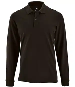 A SOL’S 02087 Perfect Long Sleeve Piqué Polo Shirt in black, featuring a collar and three buttons at the neck, is displayed on a plain white background. | Work & Wear DIrect