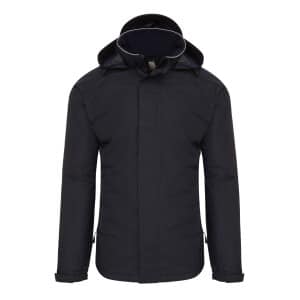 The Orn Ladies Curlew Jacket is shown from the front on a plain white background, featuring its black colour, hood up, and sleeves extended. | Work & Wear DIrect