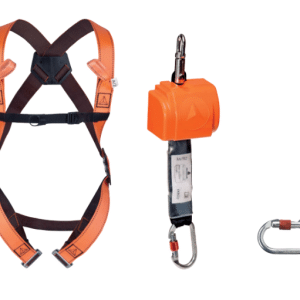 Delta Plus Fall arrest kit with two-coloured webbing harness and self-retractable webbing fall arrester for short distances
