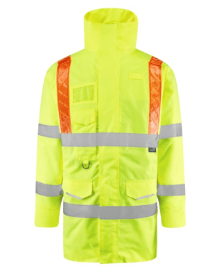 Introducing the Leo Putford Eco Viz 4K Baffle Lined Anorak with Red Braces—a high-visibility yellow safety jacket featuring red reflective braces on the shoulders and silver reflective bands on the chest, sleeves, and waist. It comes equipped with practical pockets and a high collar for added protection. | Work & Wear DIrect