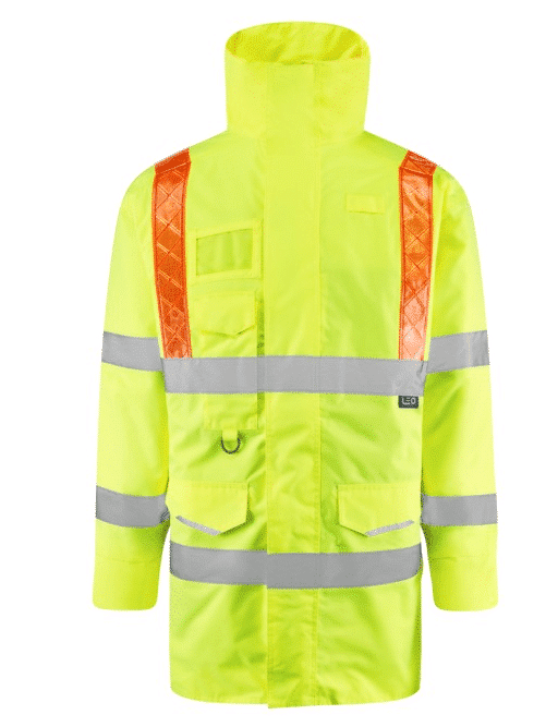 Introducing the Leo Putford Eco Viz 4K Baffle Lined Anorak with Red Braces—a high-visibility yellow safety jacket featuring red reflective braces on the shoulders and silver reflective bands on the chest, sleeves, and waist. It comes equipped with practical pockets and a high collar for added protection. | Work & Wear DIrect