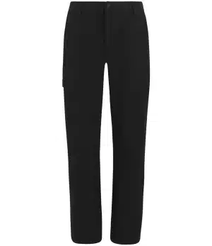 The Regatta TRJ627 Ladies Pro Action Stretch Trousers are shown from the front in a black colourway. These straight-leg trousers feature a flat waistband with a button fastening, belt loops, and a cargo pocket on the left leg. The design is simple and minimalist. | Work & Wear DIrect