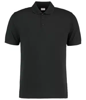 The Kustom Kit KK413 Slim Fit Poly/Cotton Piqué Polo Shirt is a plain black short-sleeve polo featuring a collar and three buttons on the front, displayed against a white background. | Work & Wear DIrect