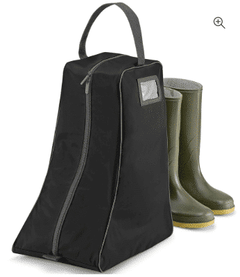 A Quadra QD86 Boot Bag with a zip and handle sits beside a pair of green rubber boots with yellow soles. | Work & Wear DIrect
