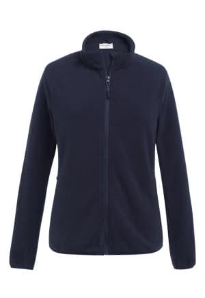 The Brook Taverner Ladies Clare Core Fleece Jacket, shown in navy blue, features a full front zip, long sleeves, and a stand-up collar, displayed against a plain white background. | Work & Wear DIrect