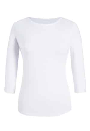 The Brook Taverner Mira Ladies' White Stretch Top, featuring long sleeves and a crew neck, is displayed on a white background. | Work & Wear DIrect
