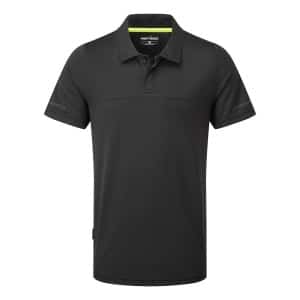 The Portwest EV410 Lightweight Short Sleeve Polo Shirt is a plain black short-sleeve polo featuring a collar with buttons, a subtle chest logo, and an inner collar label. | Work & Wear DIrect