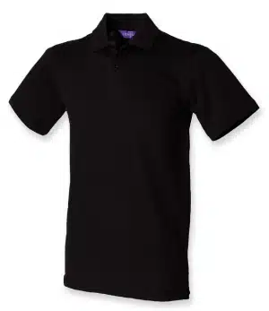 The Henbury H305 Stretch Cotton Piqué Polo Shirt is a plain black, short-sleeve polo featuring a collar and three-button placket, shown on a white background. | Work & Wear DIrect