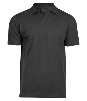 The Tee Jays Luxury Stretch V Neck Polo Shirt T1404 is a plain black short-sleeve polo with a collar and no visible logos or patterns, displayed on a white background. | Work & Wear DIrect