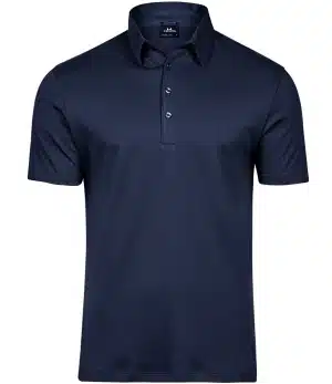 Tee Jays Pima Cotton Interlock Polo Shirt T1440 in navy blue, featuring short sleeves, a folded collar, and a three-button placket, displayed on a plain white background. | Work & Wear DIrect