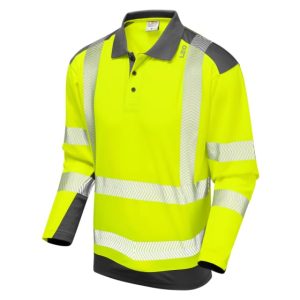 A high-visibility long-sleeve polo shirt in bright yellow with reflective silver stripes and grey accents on the shoulders, collar, and cuffs. | Work & Wear DIrect