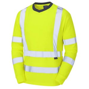 A long-sleeved, bright yellow high-visibility safety shirt with silver reflective stripes on the chest, arms, and waist, designed for enhanced visibility in low-light conditions. | Work & Wear DIrect