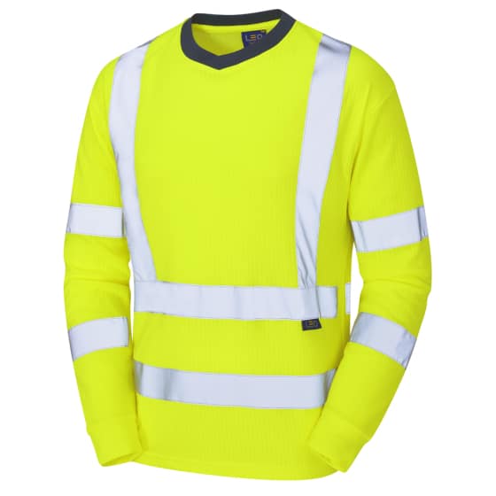 A long-sleeved, bright yellow high-visibility safety shirt with silver reflective stripes on the chest, arms, and waist, designed for enhanced visibility in low-light conditions. | Work & Wear DIrect