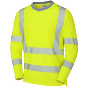 A long-sleeved, bright yellow high-visibility safety shirt with reflective silver stripes across the chest, sleeves, and around the torso. The shirt is displayed on a white background. | Work & Wear DIrect